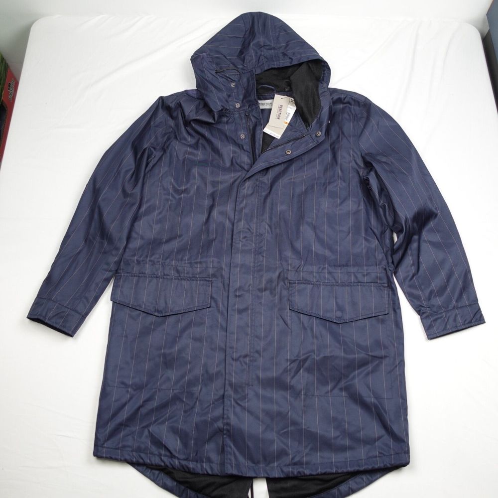 Kenneth Cole Reaction Long Windbreaker Men S Full Zip Blue Hooded Striped Lined